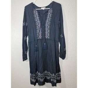 Knox Rose Navy Embroidered Tassel Tie Boho Midi Dress V-Neck Long Sleeve S
